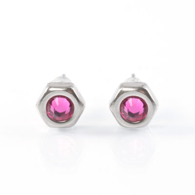 Ohrstecker Hexagonal - fuchsia Ohrstecker mit Edelstahlmutter und fuchsia farbenen Kristallelement
