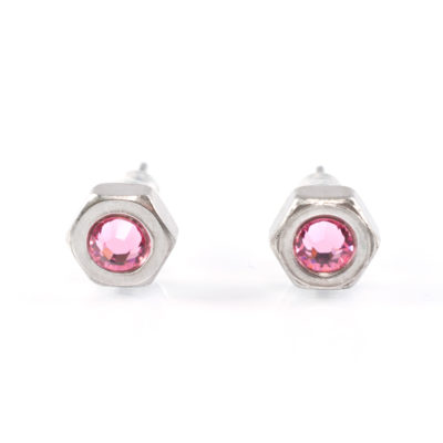 Ohrstecker Hexagonal - rosa Ohrstecker mit Edelstahlmutter und rose farbenen Kristallelement